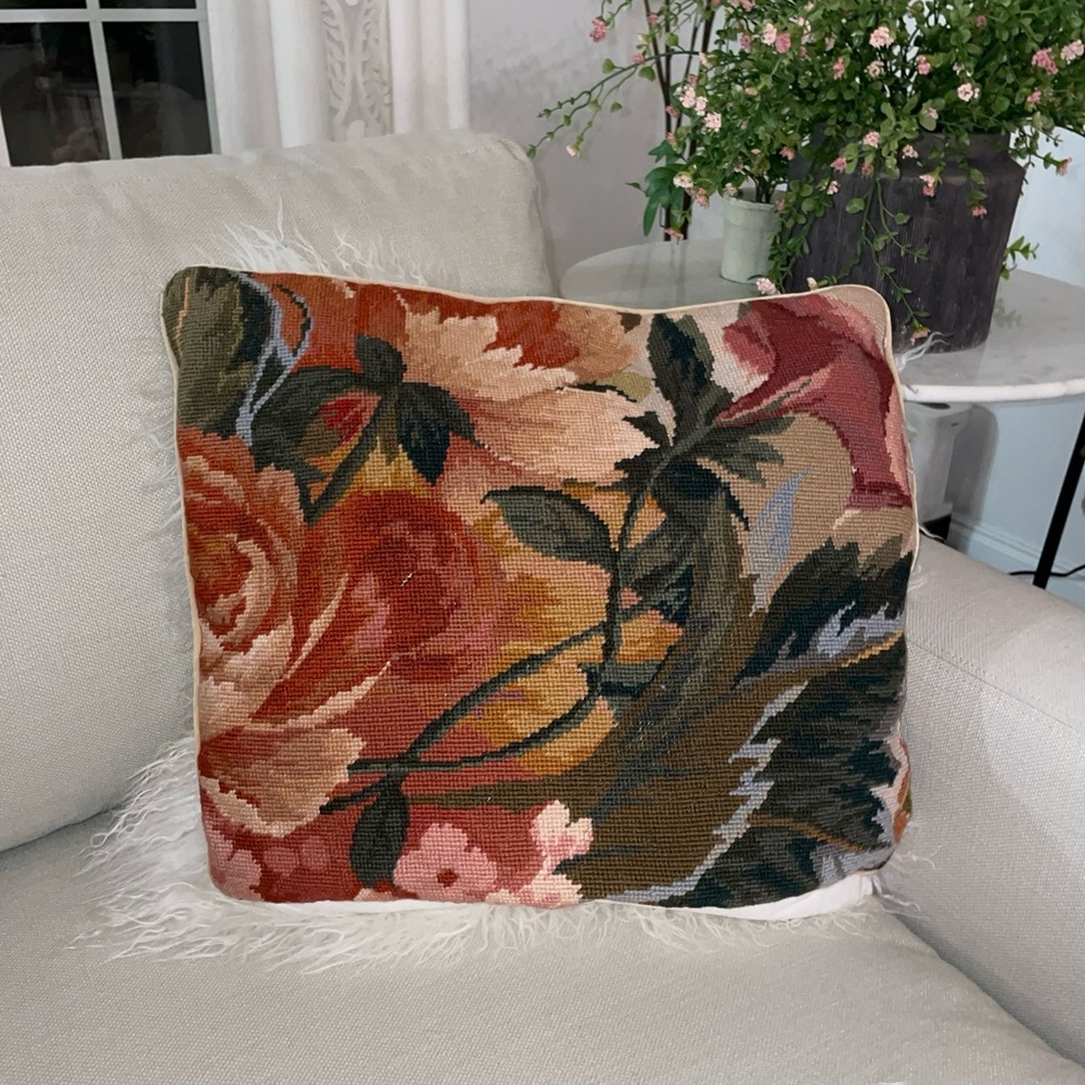 Needlepoint Roses Throw Pillow 19”x16”